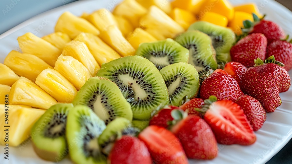 Overhead shot of fresh fruit platter with kiwi pineapple mango and strawberries arranged on a white plate Overhead shot of fresh fruit platter with kiwi pineapple mango and strawberries arranged on a white plate