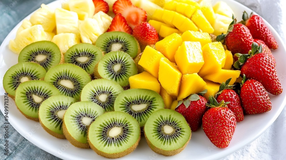 Overhead shot of fresh fruit platter with kiwi pineapple mango and strawberries arranged on a white plate Overhead shot of fresh fruit platter with kiwi pineapple mango and strawberries arranged on a white plate