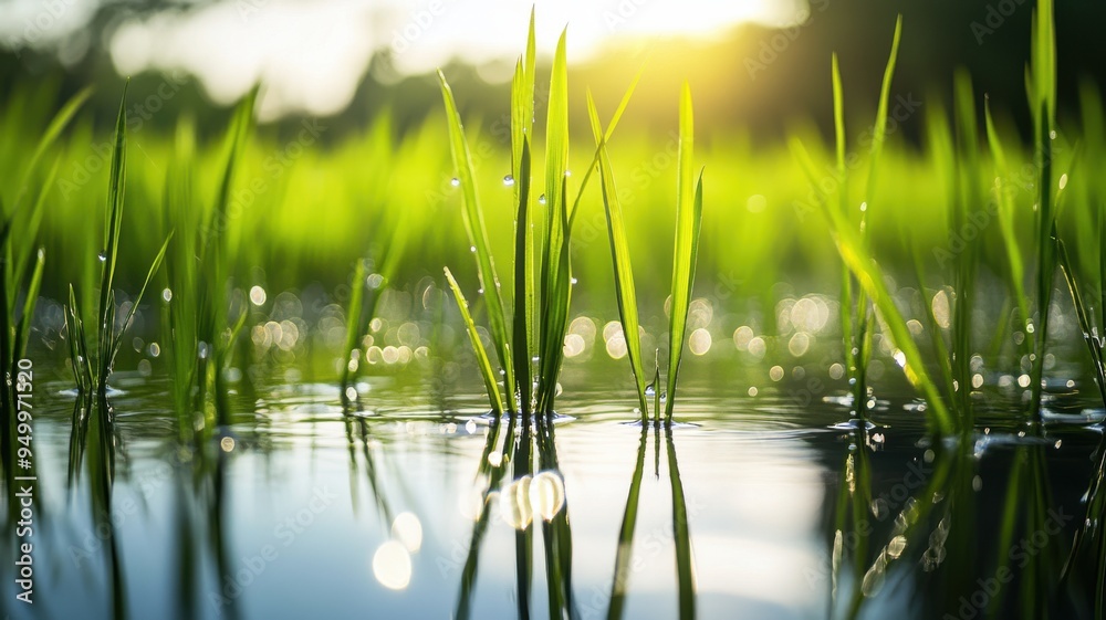 Obraz premium Close-up of rice plants in a flooded field, vibrant green stalks and water reflecting the sky, with dew on leaves catching early morning sunlight. Harvesting