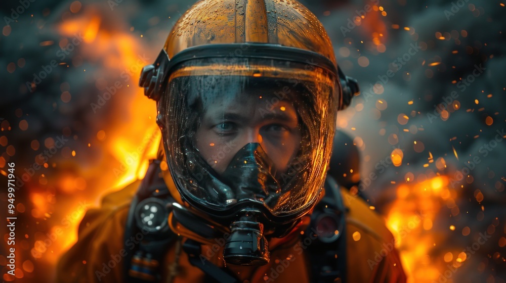 A firefighter in full gear stares intently into a fire. A firefighter in full gear stares intently into a fire.