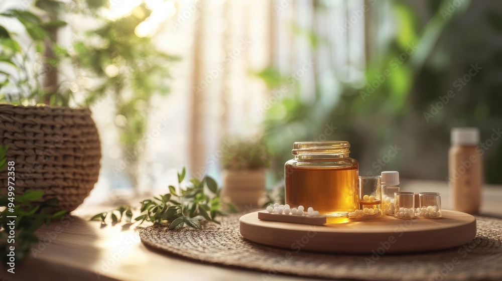 Serene Homeopathic Consultation in Spa-Like Environment with Natural Remedies Displayed on Table Serene Homeopathic Consultation in Spa-Like Environment with Natural Remedies Displayed on Table