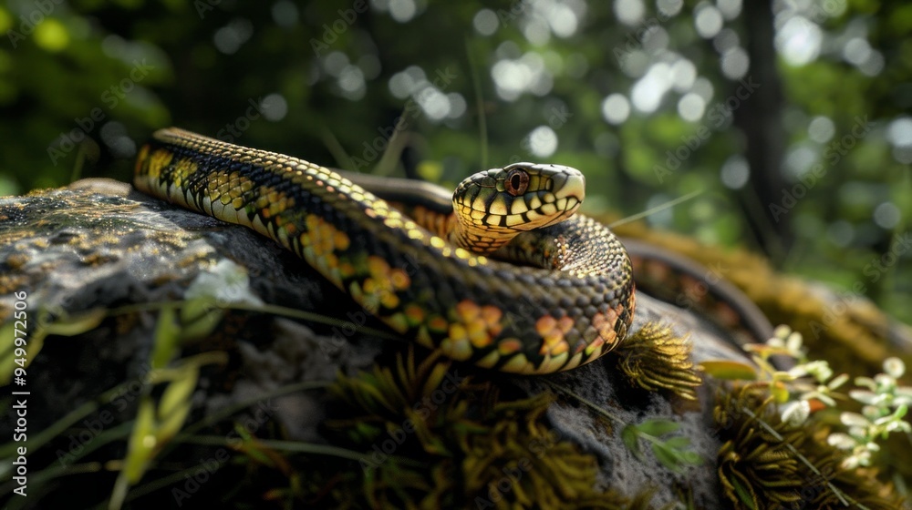 Fototapeta premium A snake is curled up on a rock in a forest