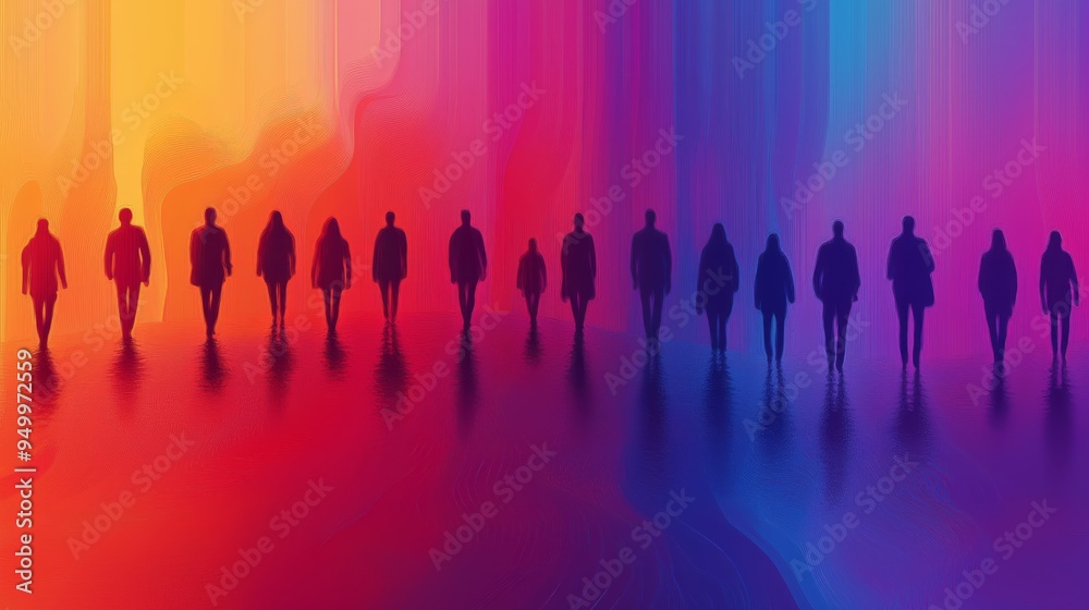 a row of anonymous silhouettes against a vividly colored background with a smooth gradient transition from warm reds to cool blues. a row of anonymous silhouettes against a vividly colored background with a smooth gradient transition from warm reds to cool blues.