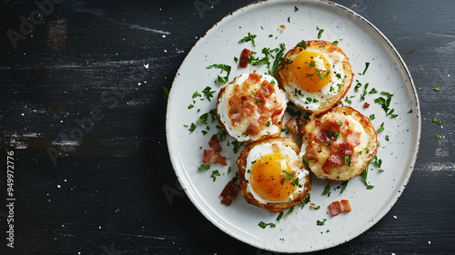 Potato pancakes with fried eggs, crispy bacon, and fresh parsley displayed on a dark wooden table