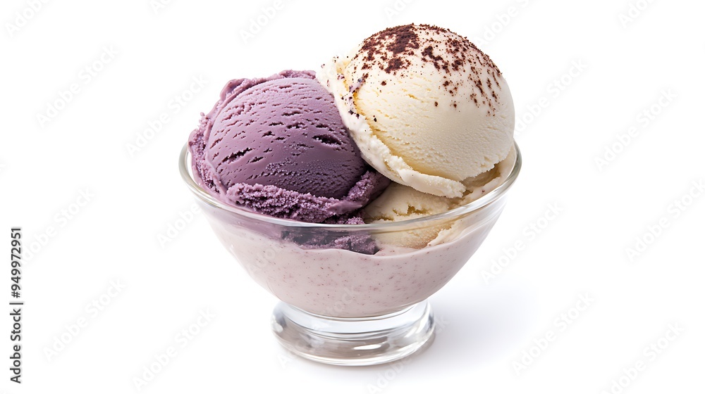 Vanilla and Berry Ice Cream Scoops in Glass Bowl Vanilla and Berry Ice Cream Scoops in Glass Bowl