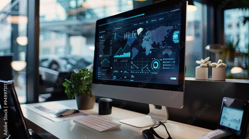 Naklejka premium Modern computer showing global business analytics interface on a big monitor in the office at night