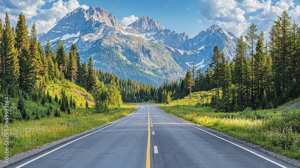 Fototapeta premium Majestic Road Through Pine Forest with Serene Mountain View, Nature's Beauty at Its Best