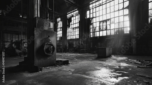 Elegant Grayscale Abandoned Factory: Echoes of Economic Recession, Industrial Ruins, and Silent History photo