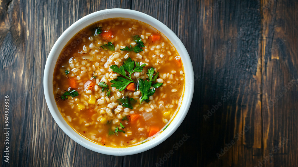 Enjoy a warm and satisfying bowl of barley soup, perfect for a cozy evening Enjoy a warm and satisfying bowl of barley soup, perfect for a cozy evening