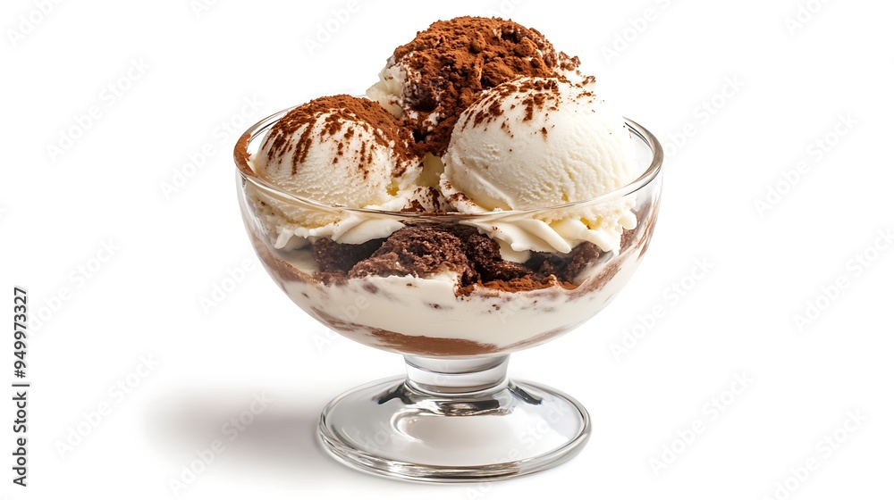 Delicious Vanilla Ice Cream with Chocolate Cake in Glass Bowl Delicious Vanilla Ice Cream with Chocolate Cake in Glass Bowl