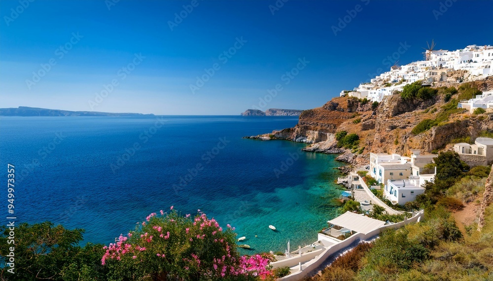 A beautiful iconic view of the Greek coast with white houses on the mountain and blue sea water on a sunny summer day A beautiful iconic view of the Greek coast with white houses on the mountain and blue sea water on a sunny summer day