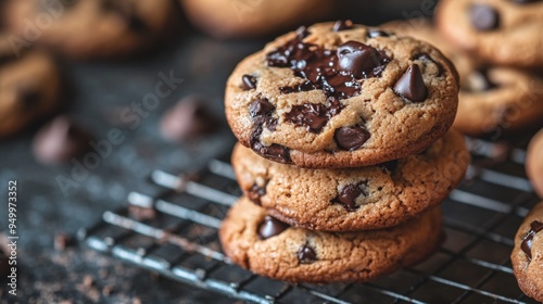 A close-up of freshly baked chocolate chip cookies stacked on a cooling rack, with melted chocolate and a rustic background highlighting their delicious texture.