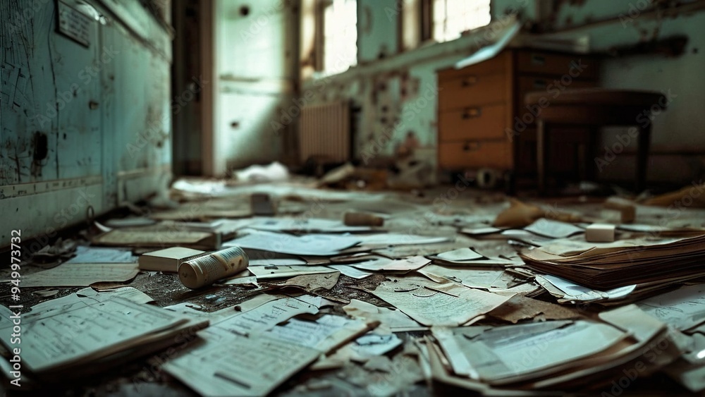 Obraz premium A forgotten office space covered in dust and scattered documents, highlighting the passage of time and neglect.