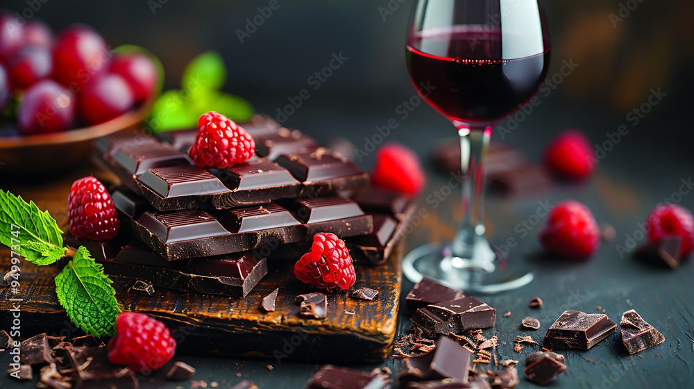 Glass of red wine with a side of dark chocolate