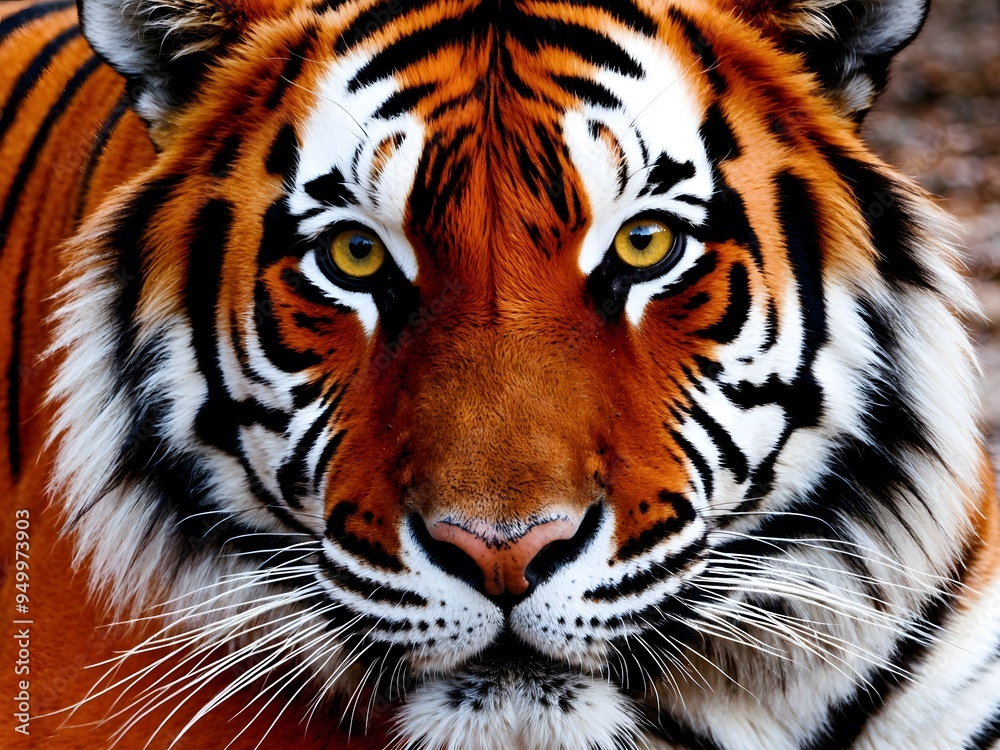 Fototapeta premium Close-up detail portrait of Sumatran tiger, Panthera tigris sumatrae, rare tiger subspecies that inhabits the Indonesian island of Sumatra.