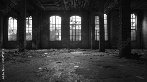 Elegant Grayscale Abandoned Factory: Echoes of Economic Recession, Industrial Ruins, and Silent History photo