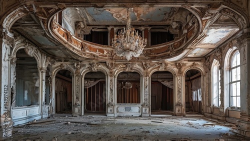 A grand, ornate ballroom in an abandoned mansion, with a chandelier hanging from the high ceiling, and peeling paint and debris on the floor.