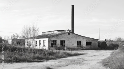 Elegant Grayscale Abandoned Factory: Echoes of Economic Recession, Industrial Ruins, and Silent History photo