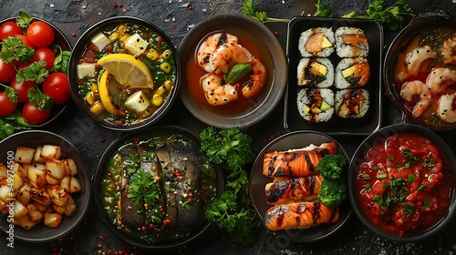 A seafood extravaganza collage featuring dishes like grilled fish, clam chowder, and sushi, each plated on stylish nautical-themed dishes, set against a coastal-inspired backdrop with warm, photo