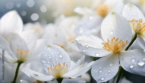 A copy space image of white flower petals with water drops on them