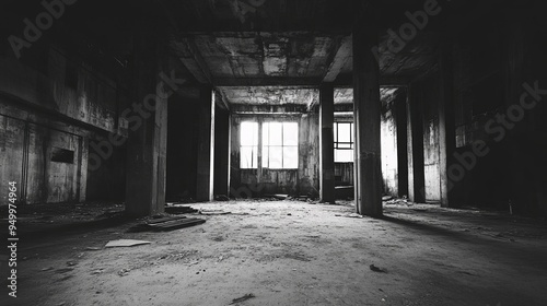 Elegant Grayscale Abandoned Factory: Echoes of Economic Recession, Industrial Ruins, and Silent History photo