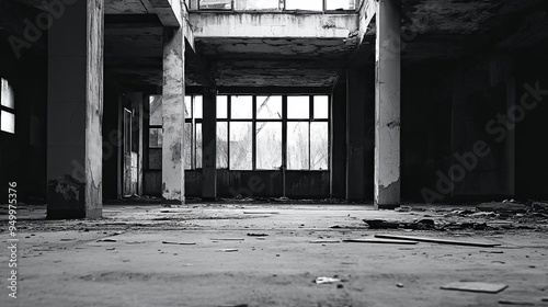 Elegant Grayscale Abandoned Factory: Echoes of Economic Recession, Industrial Ruins, and Silent History photo