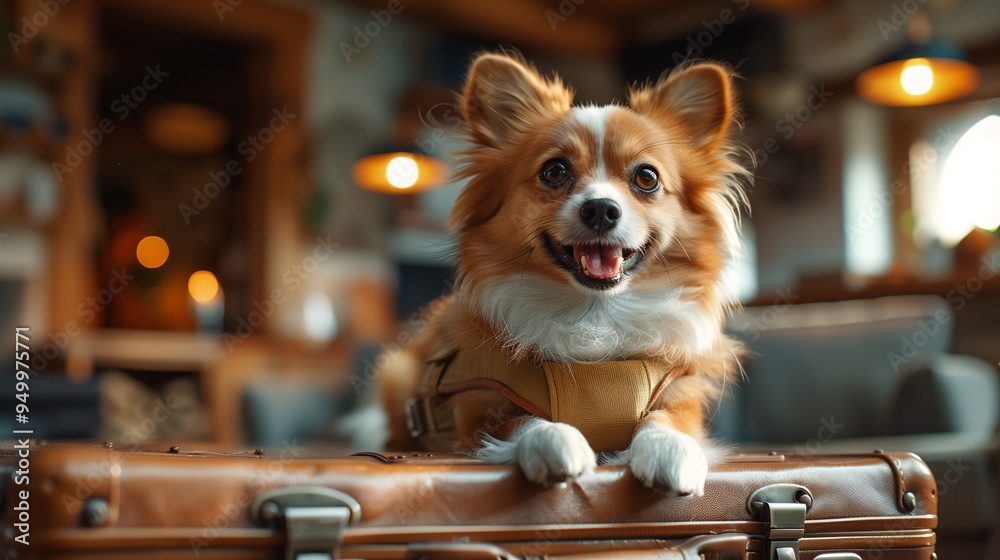 A cheerful dog with fluffy fur resting on a vintage suitcase in a cozy indoor setting. The background features warm lighting and soft furnishings, creating a welcoming atmosphere. A cheerful dog with fluffy fur resting on a vintage suitcase in a cozy indoor setting. The background features warm lighting and soft furnishings, creating a welcoming atmosphere.
