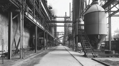 Elegant Grayscale Abandoned Factory: Echoes of Economic Recession, Industrial Ruins, and Silent History photo