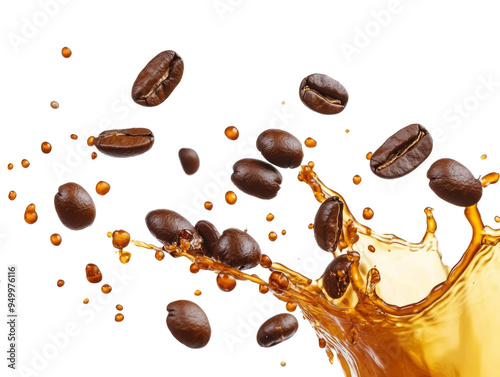 Roasted coffee beans in mid-flight surrounded by a high-speed splash, emphasizing movement and freshness, ideal for coffee branding and promotional visuals