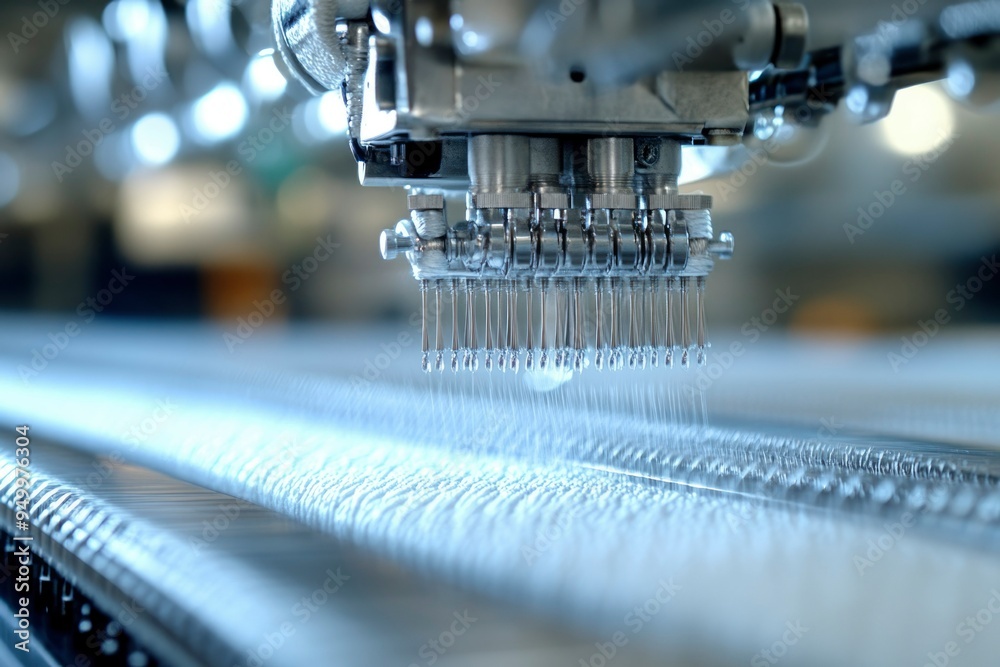 Close-up of Industrial Sewing Machine Needles Piercing Fabric Close-up of Industrial Sewing Machine Needles Piercing Fabric