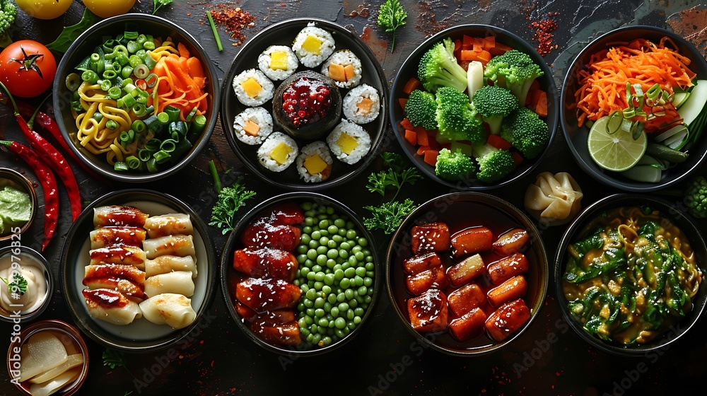 Fototapeta premium A vibrant collage of Asian fusion dishes featuring sushi rolls, stir-fry vegetables, dumplings, and ramen bowls, all served on sleek, minimalist plates, set on a modern dining table with warm,