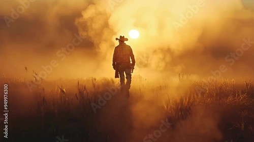 Silhouette of a Cowboy Walking in Dramatic Sunset Landscape