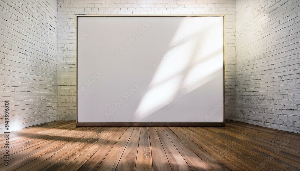 A mockup presentation with an empty billboard in a sunny room with white brick walls and a wooden floor. A mockup presentation with an empty billboard in a sunny room with white brick walls and a wooden floor.