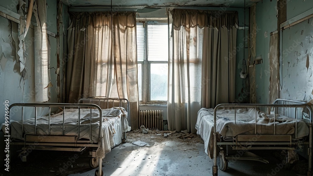 Obraz premium An abandoned hospital room with two beds, peeling paint, and dusty windows.