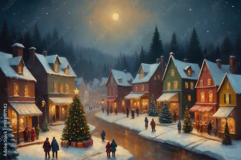 Fototapeta premium Colorful christmas snowy winter village landscape painting, holiday seasonal nature theme concept texture design illustration.