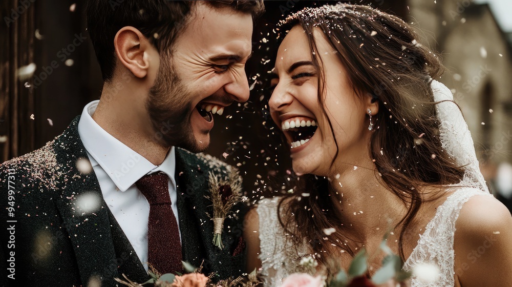 A close-up of a bride and groom laughing as confetti rains down on them during their wedding exit. A close-up of a bride and groom laughing as confetti rains down on them during their wedding exit.