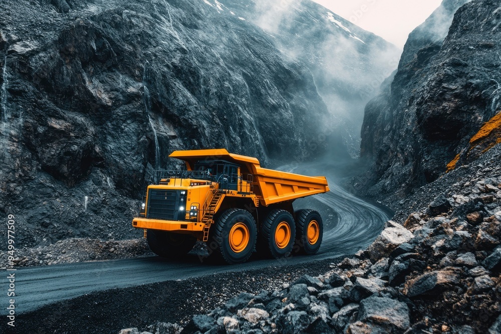 Yellow Mining Dump Truck Driving Through Rocky Mountain Pass Yellow Mining Dump Truck Driving Through Rocky Mountain Pass