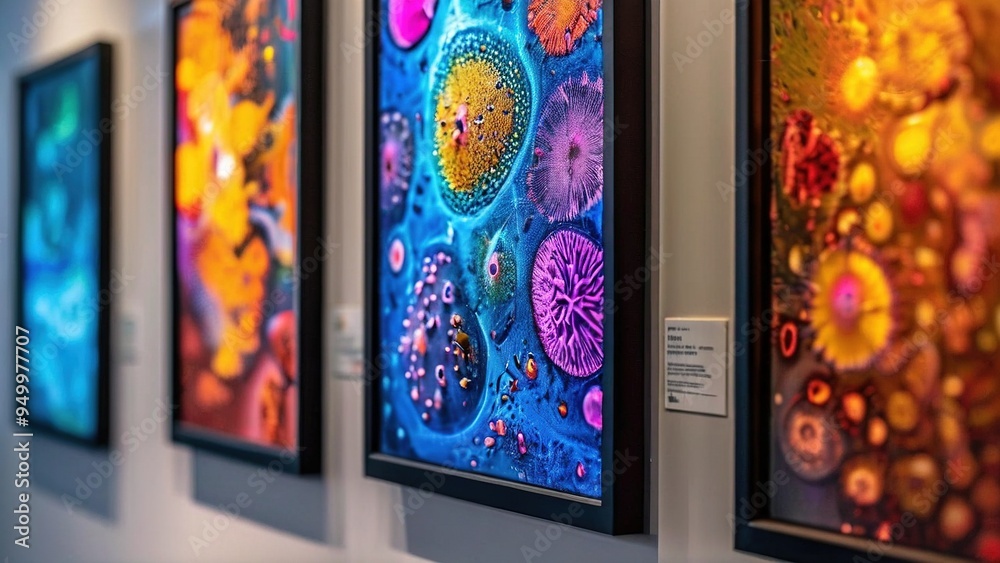 Fototapeta premium Four framed, vibrant, abstract artworks hang on a white wall, showcasing colorful circular patterns and textures.