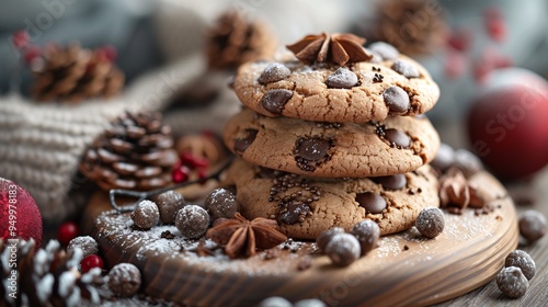 A cozy arrangement of chocolate chip cookies stacked on a wooden board, surrounded by pine cones, festive ornaments, and sprinkled with powdered sugar, evoking a warm holiday atmosphere. photo