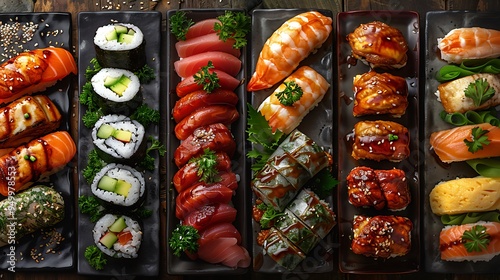 A vibrant collage of sushi featuring rolls, sashimi, and nigiri, each artfully arranged on elegant Japanese-style ceramic plates, set on a rustic wooden table with warm,