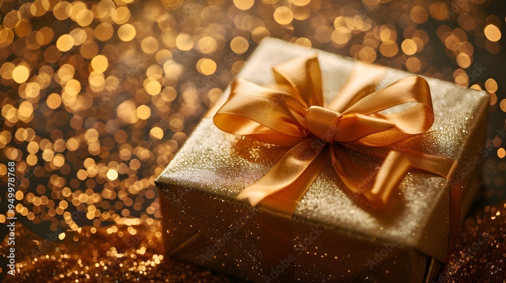 Elegant gold gift box wrapped in festive ribbon against sparkling holiday backdrop Elegant gold gift box wrapped in festive ribbon against sparkling holiday backdrop