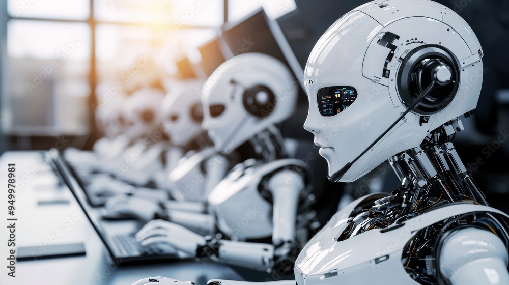 Fototapeta premium Futuristic robots working at computers, showcasing advanced technology and artificial intelligence in a modern workspace.