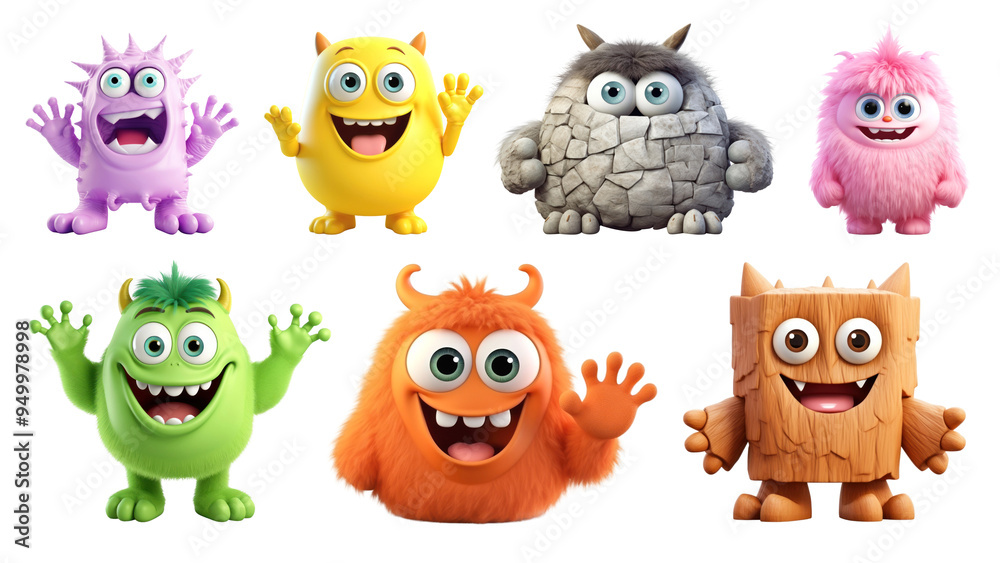 Fototapeta premium PNG 3D cute monster character design element set, transparent background