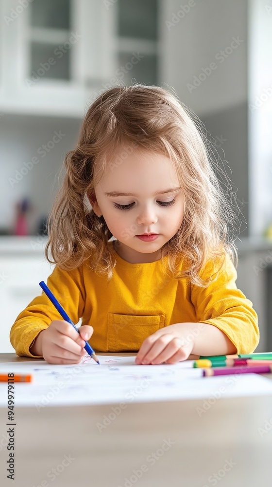A child drawing colorful pictures at a kitchen table, with crayons and paper scattered around, capturing the innocence and creativity of at-home art projects A child drawing colorful pictures at a kitchen table, with crayons and paper scattered around, capturing the innocence and creativity of at-home art projects