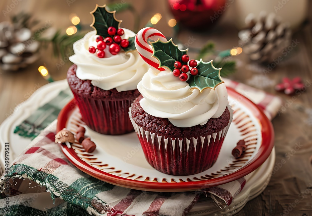 Two cupcakes with holly and red berries, candy cane decorations on top of the frosting Two cupcakes with holly and red berries, candy cane decorations on top of the frosting
