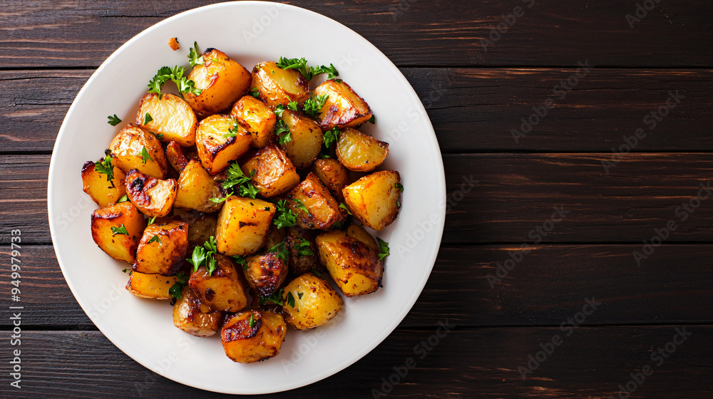 Golden brown fried potatoes with a sprinkle of fresh parsley, presented on a white plate atop a dark wooden table Golden brown fried potatoes with a sprinkle of fresh parsley, presented on a white plate atop a dark wooden table