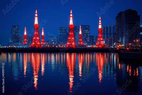 Illuminated Towers Reflecting in Still Water at Night photo