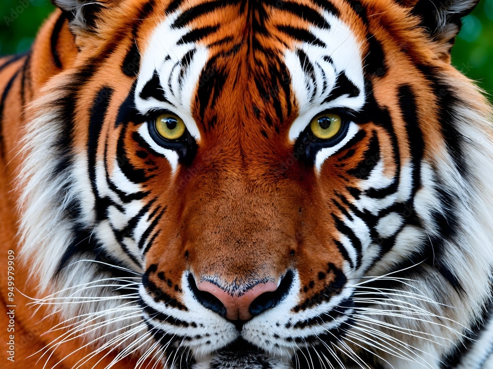 Obraz premium Close-up detail portrait of Sumatran tiger, Panthera tigris sumatrae, rare tiger subspecies that inhabits the Indonesian island of Sumatra.