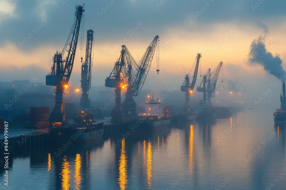 Cargo Cranes and Ships in a Foggy Harbor at Dawn Cargo Cranes and Ships in a Foggy Harbor at Dawn