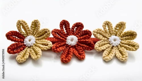 An elegant crochet daisy chain with detailed petals, ideal for homemade gifts, home dÃ©cor, and DIY projects. Isolated on white.